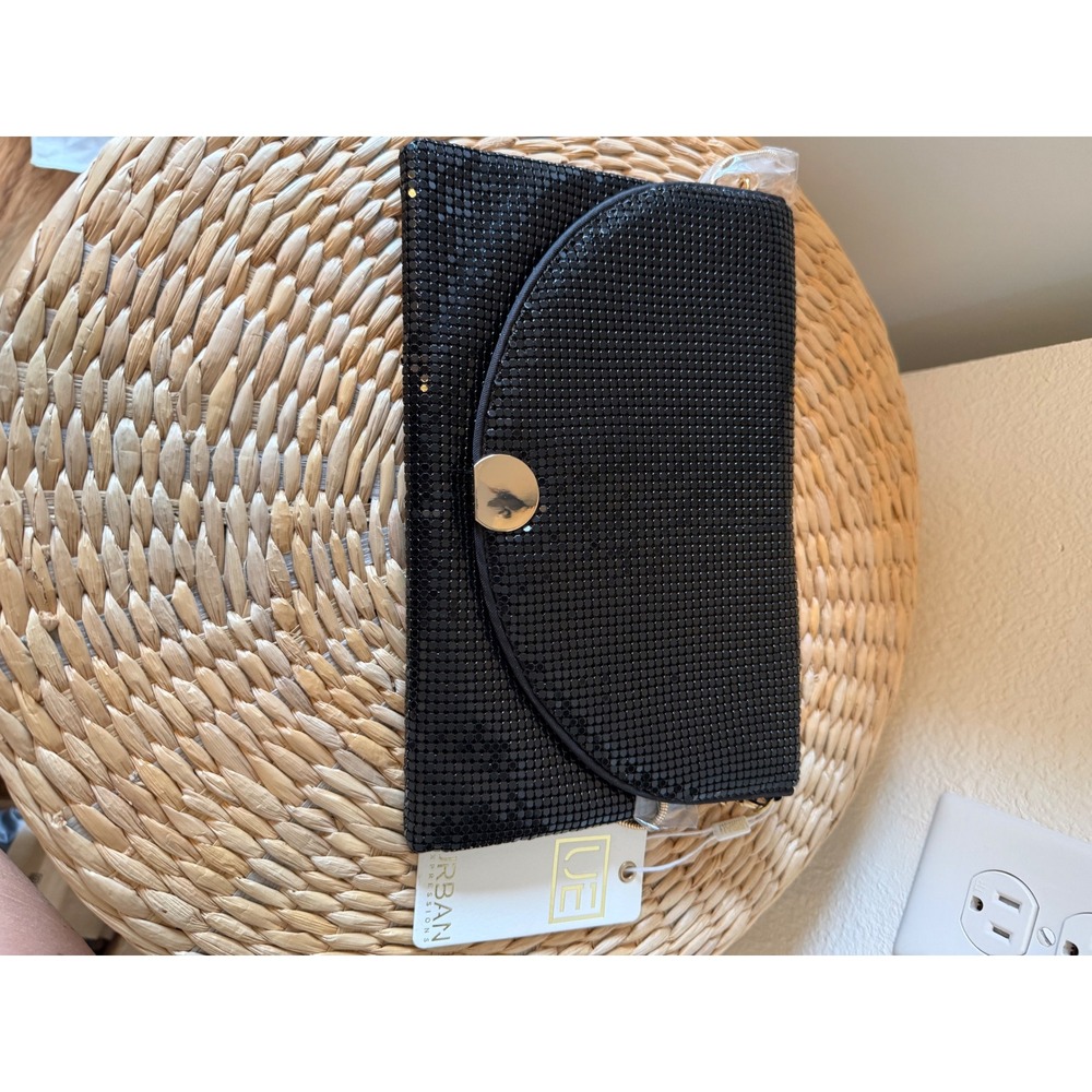 Urban Expressions Black Mesh Clutch Vegan Evening Bag Gold Chain Strap NWT